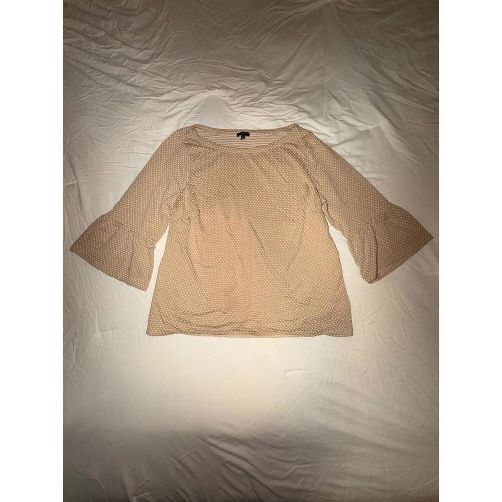 Talbots Plus 1X Tan White Polka Dot Bell Sleeve Blouse Cotton Blend Seersucker